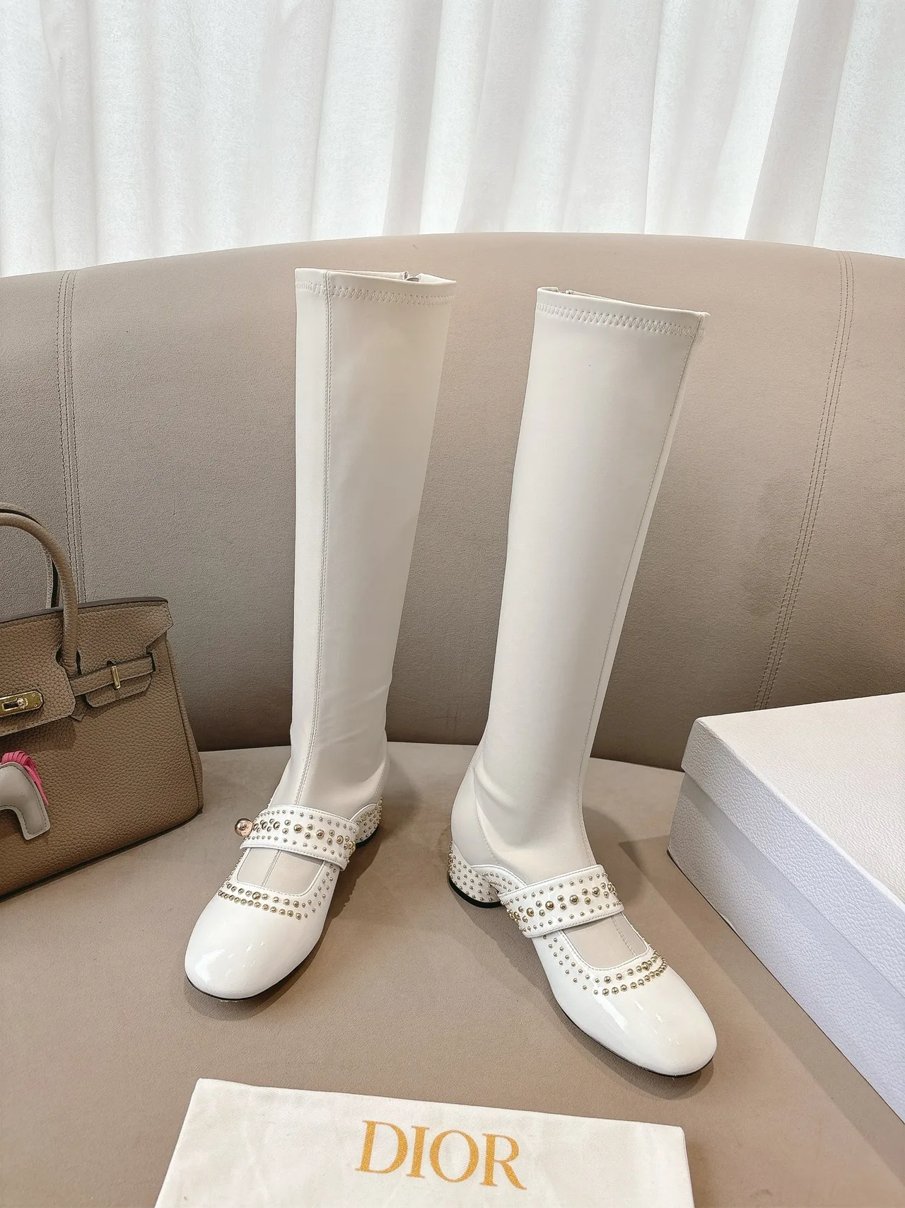 Dior Sheepskin Patent Leather Glossy Pointed-Toe Buckle Knee-High Boots in White · view 2