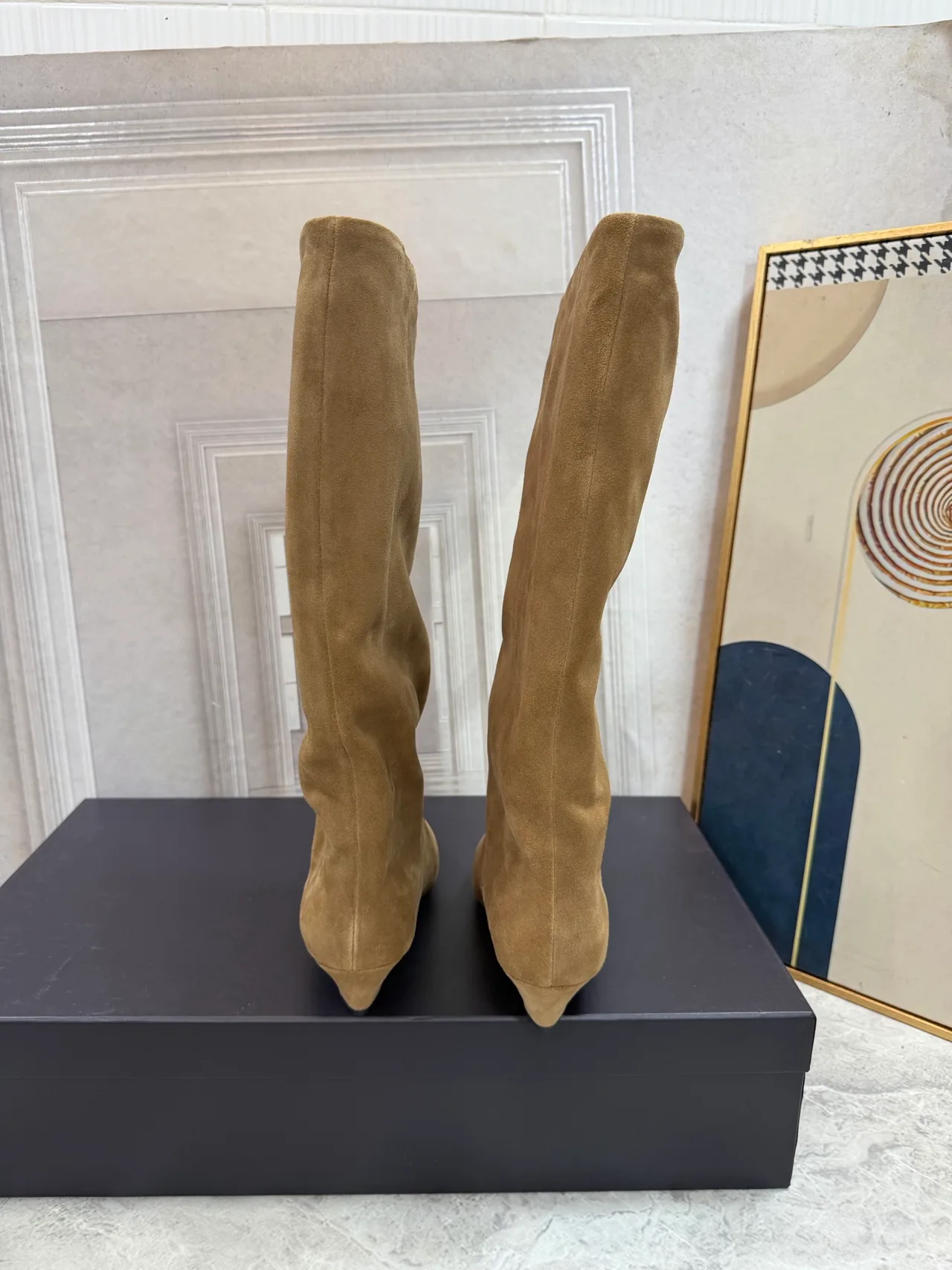 Suede-Look Pointed-Toe Round-Toe Knee-High Block-Heel Boots in Brown · view 6