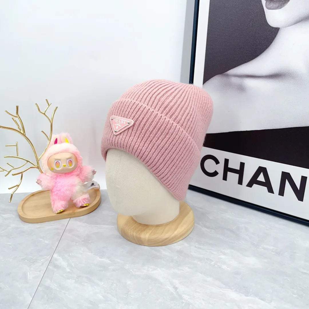 Prada Wool Triangle Logo Knit Beanie in Pink · view 3