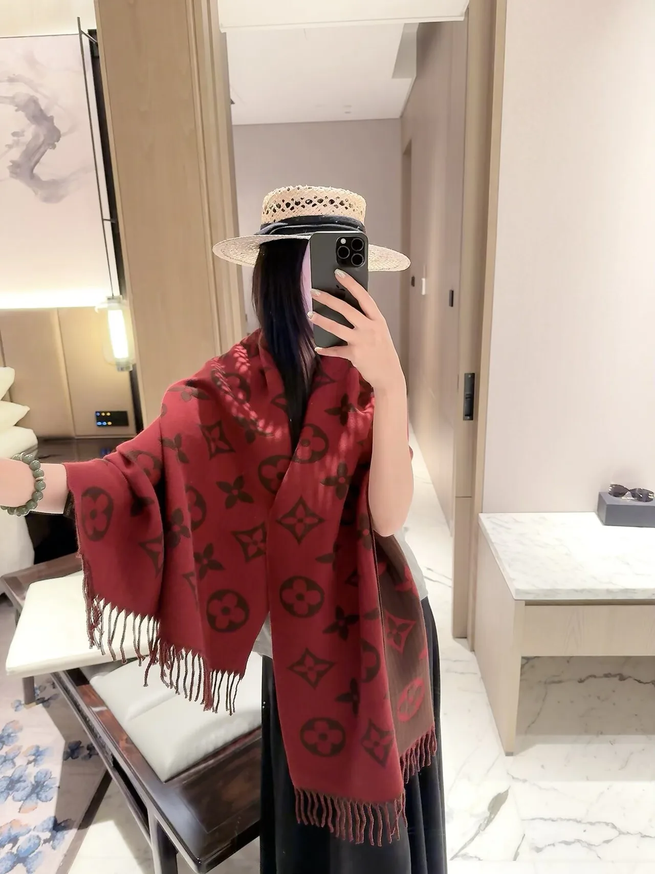 Louis Vuitton Reversible Monogram Shawl in Beige & Red · view 5