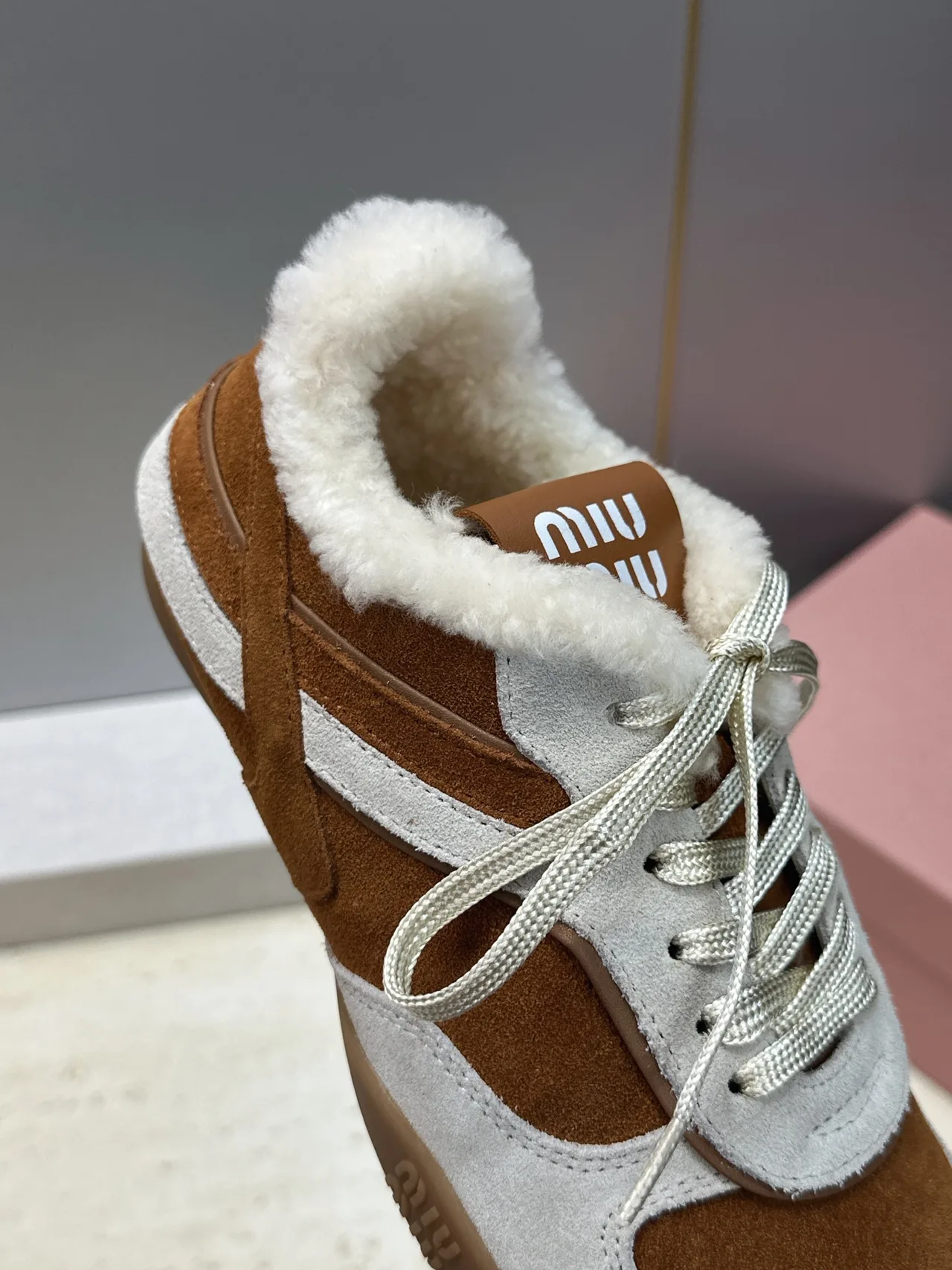 Miu Miu Striped Suede-Look Round-Toe Sneakers in Brown · view 8