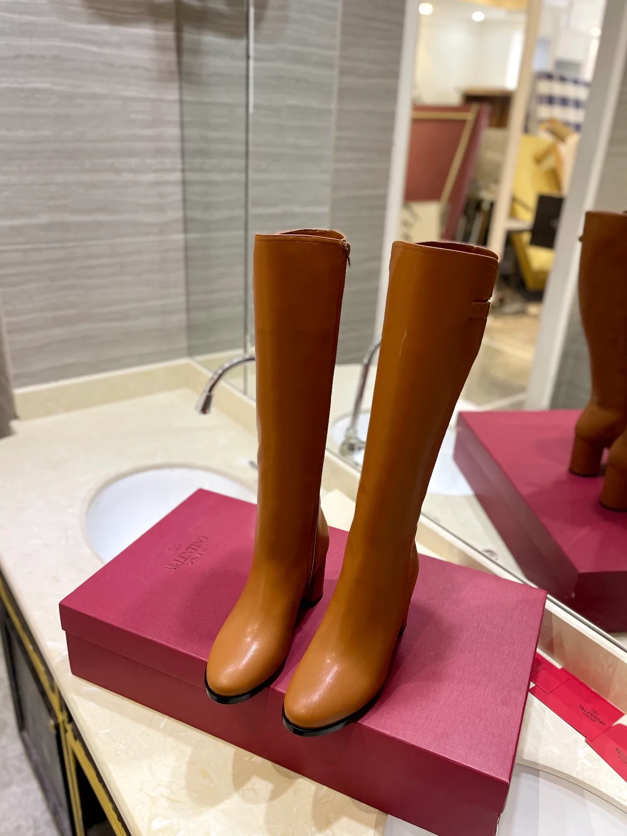 Valentino Leather Glossy Buckle Knee-High Boots in Brown · view 3