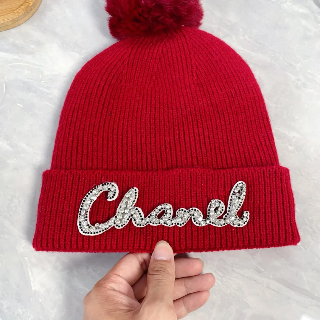 Chanel Wool Ribbed Embroidered Pom-Pom Hat and Scarf Set in Red · view 7