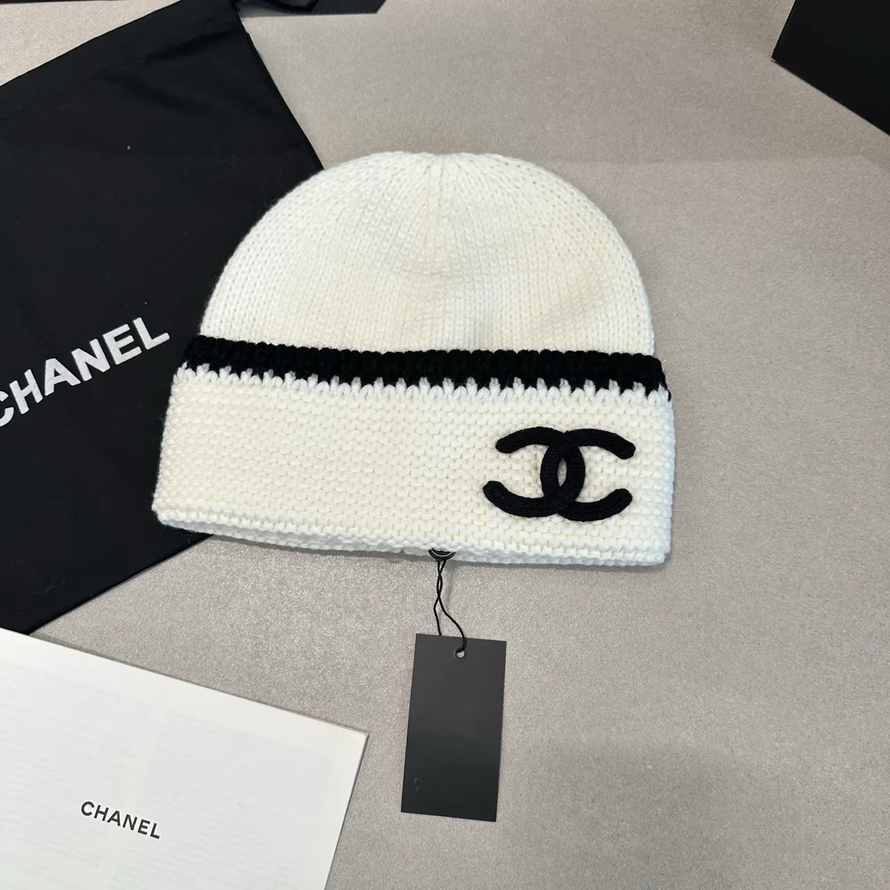 Chanel Contrast-Stripe CC Beanie in White / Black · view 1
