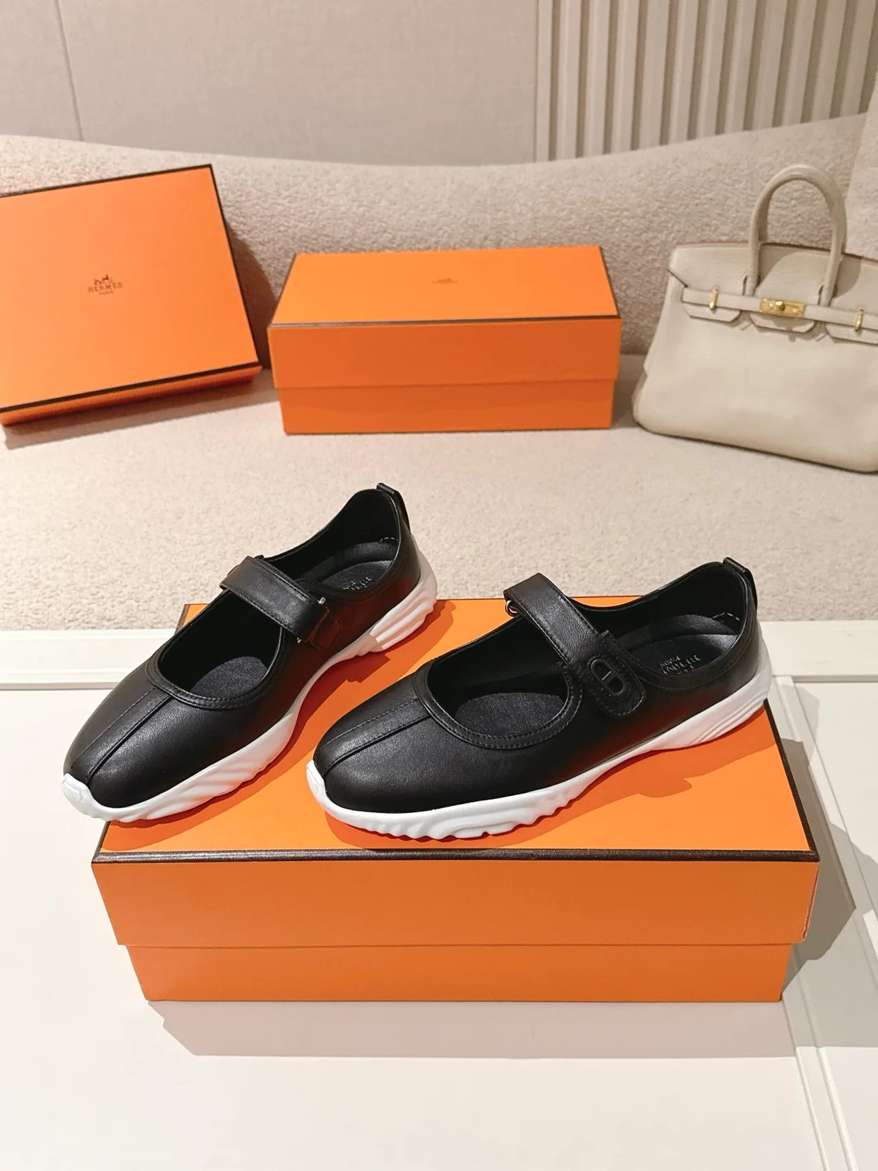 Hermes Lambskin Round-Toe Buckle Mary Jane Shoes in Black · view 2