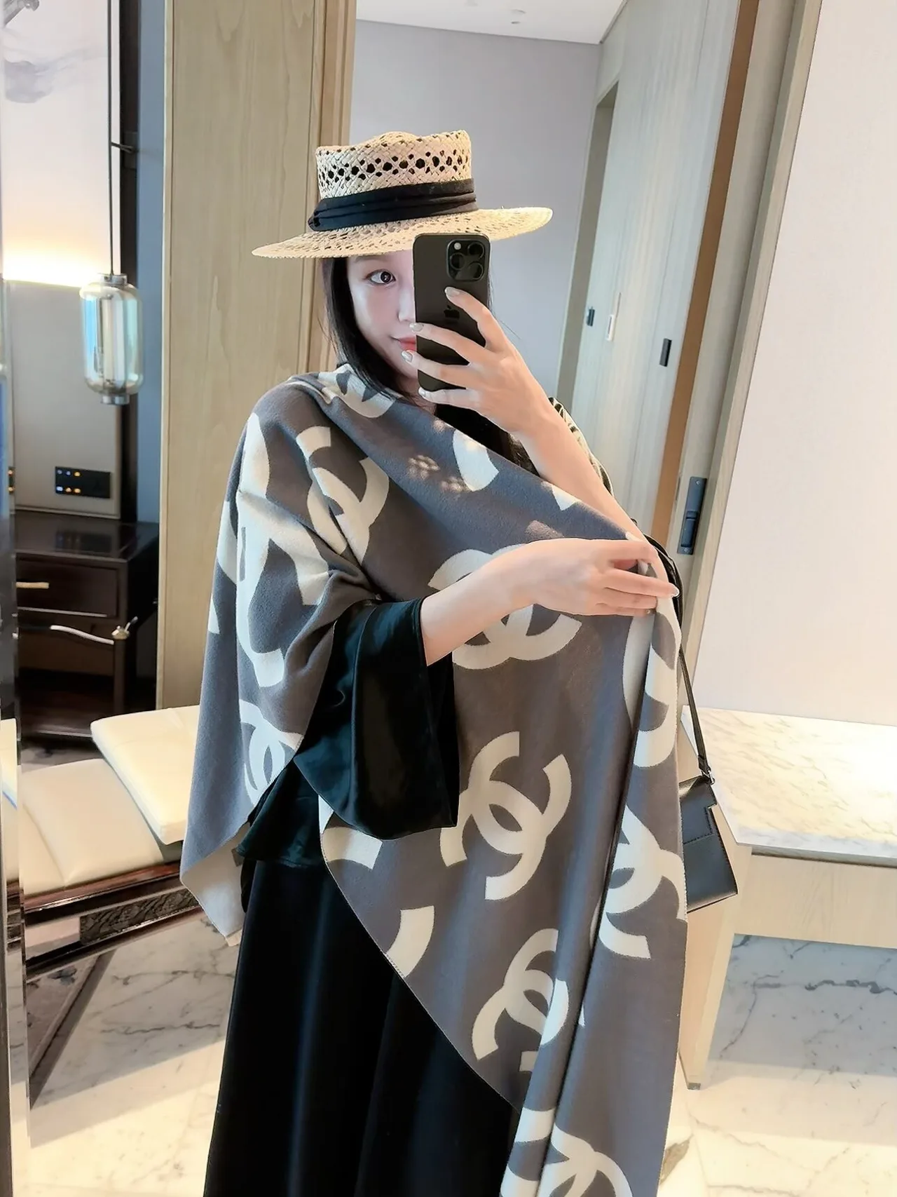 Chanel CC Jacquard Scarf in Grey & Black & Red · view 5
