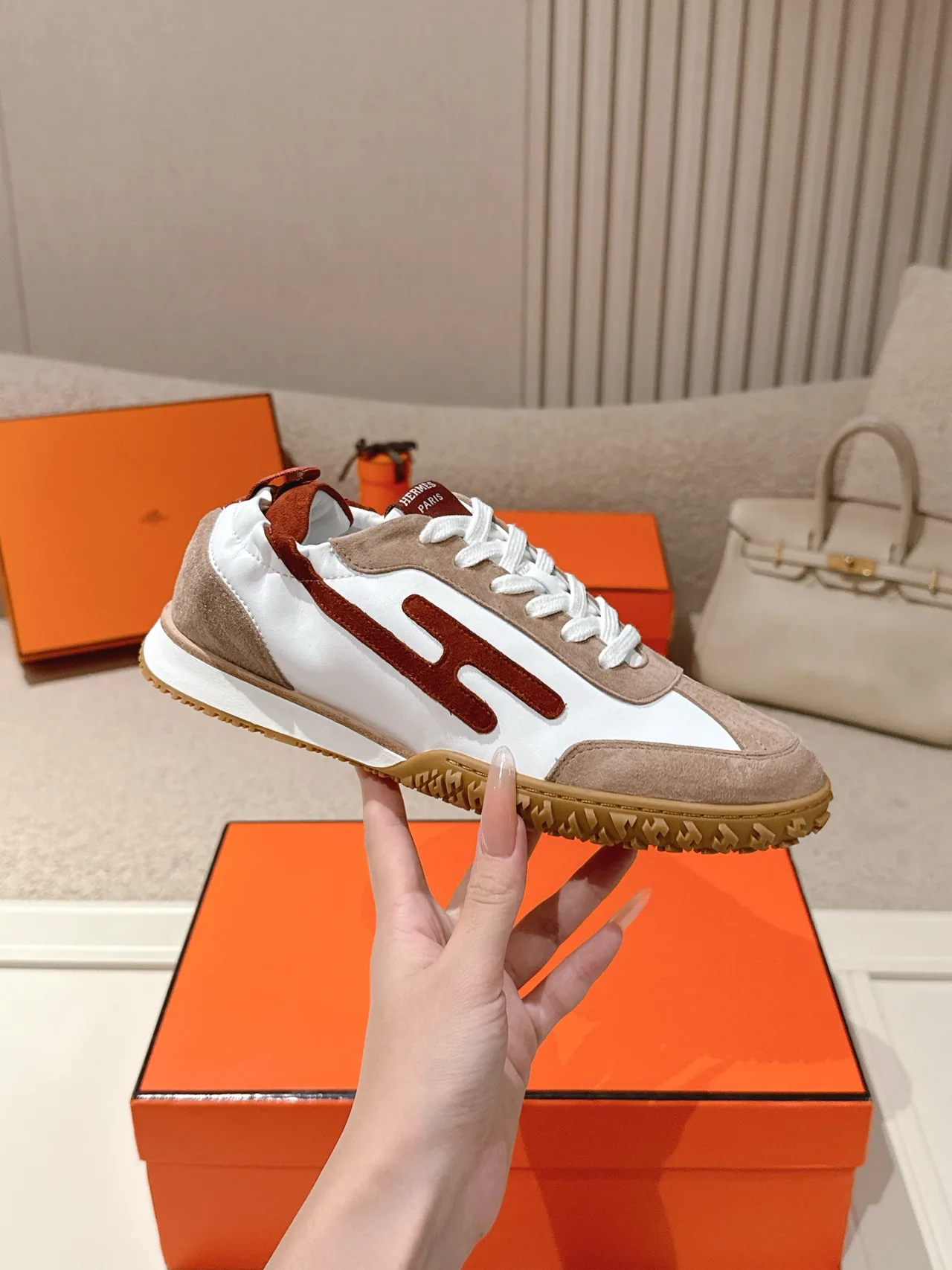 Hermes Sheepskin Suede Round-Toe Sneakers in White · view 5