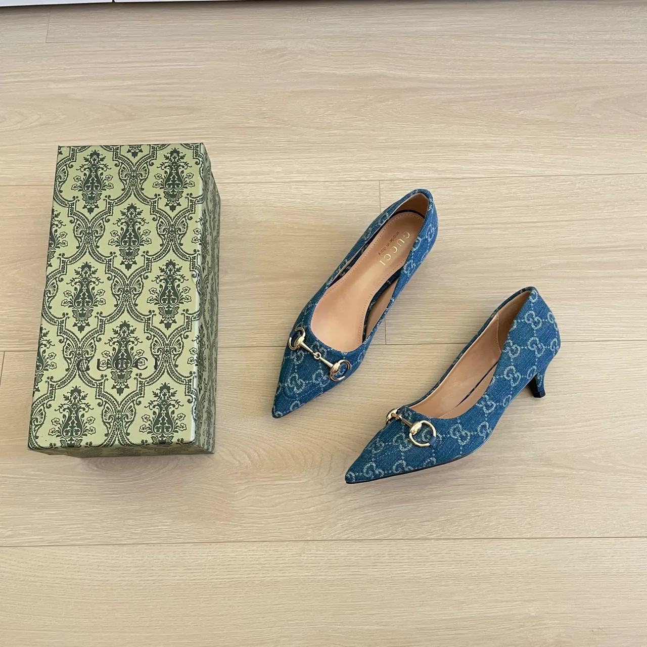 Gucci Canvas Pointed-Toe Monogram Kitten Heel Pumps in Blue · view 3
