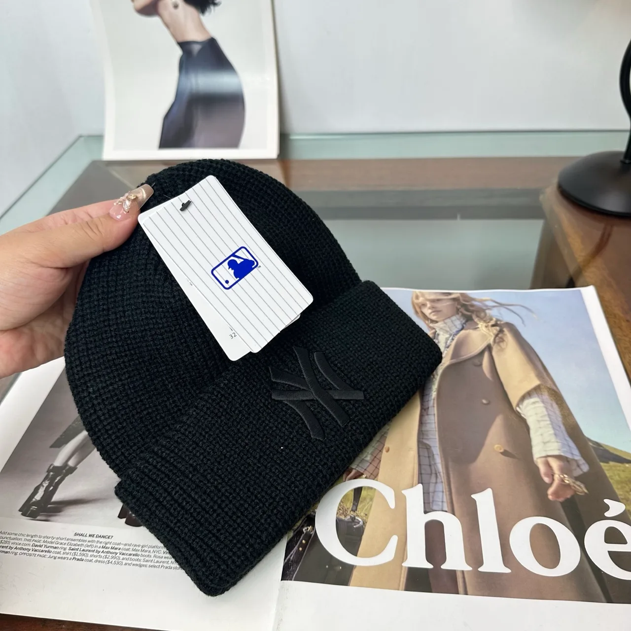 NY Letter Ribbed Beanie in Black · view 4