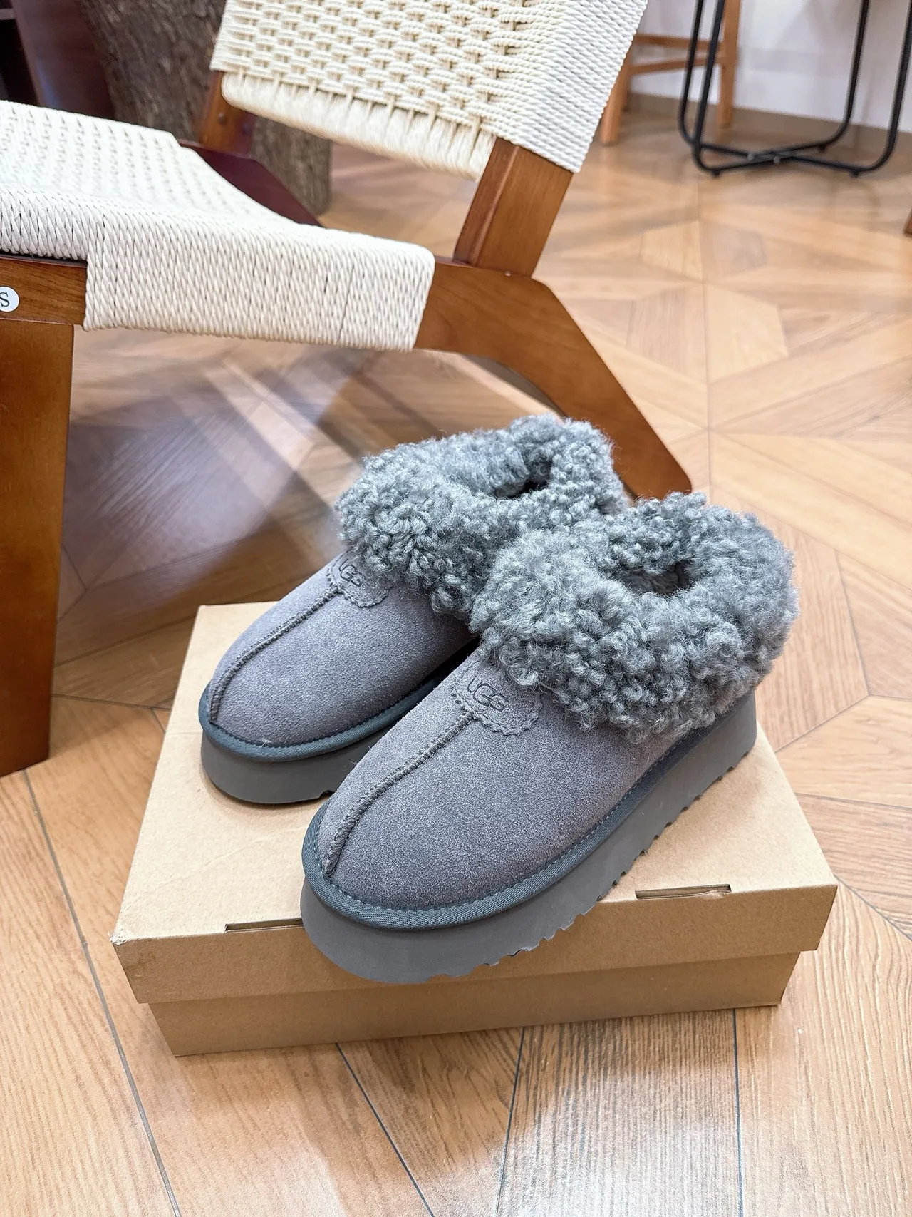 UGG Cowhide Wool Suede-Look Slippers in Grey · view 3