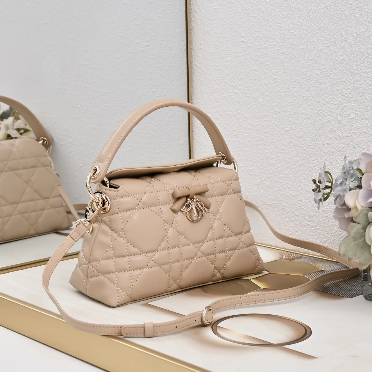 Dior Sheepskin Quilted Bow Top-Handle Bag in Beige · view 2