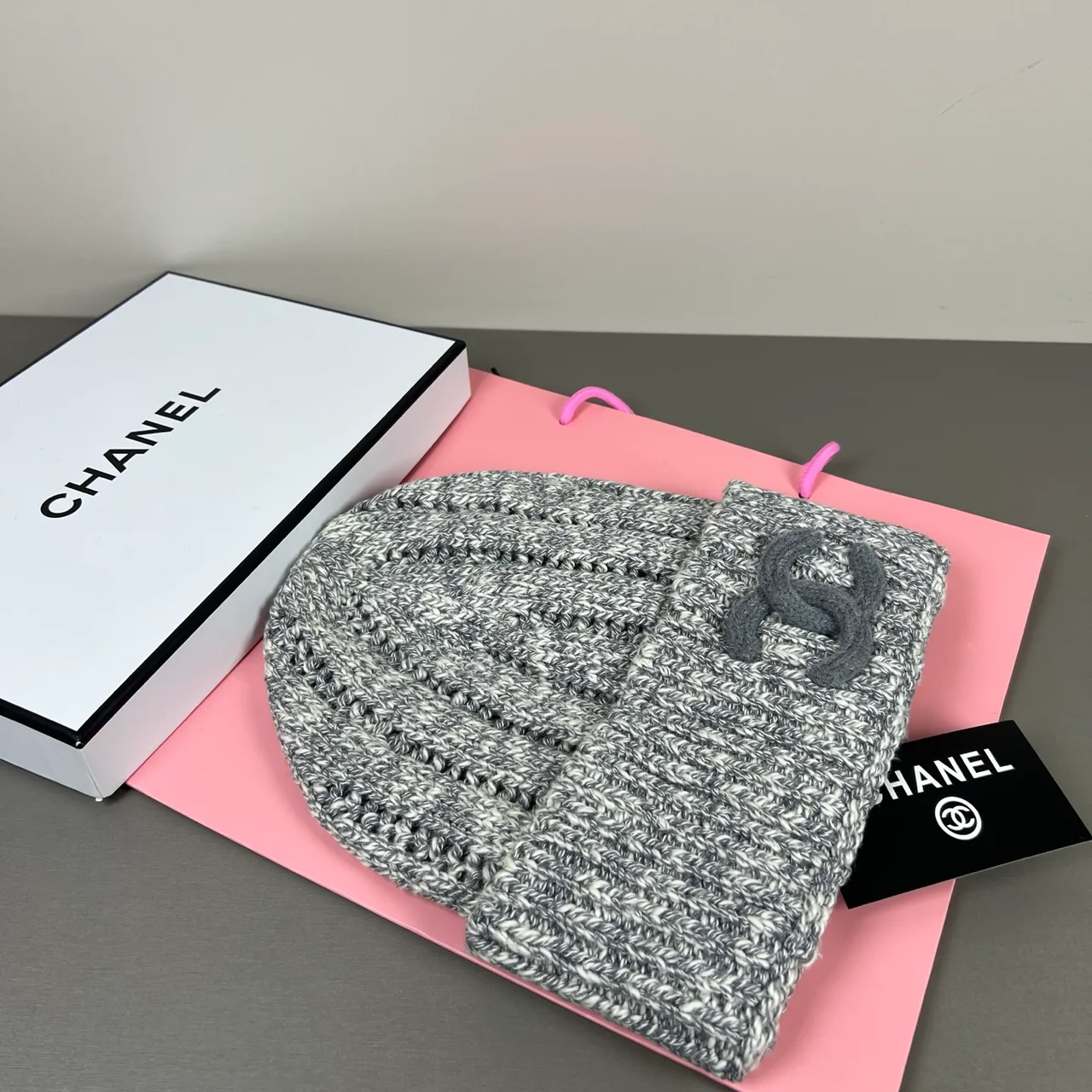 Chanel Cable-Knit Beanie in Beige & Grey · view 4