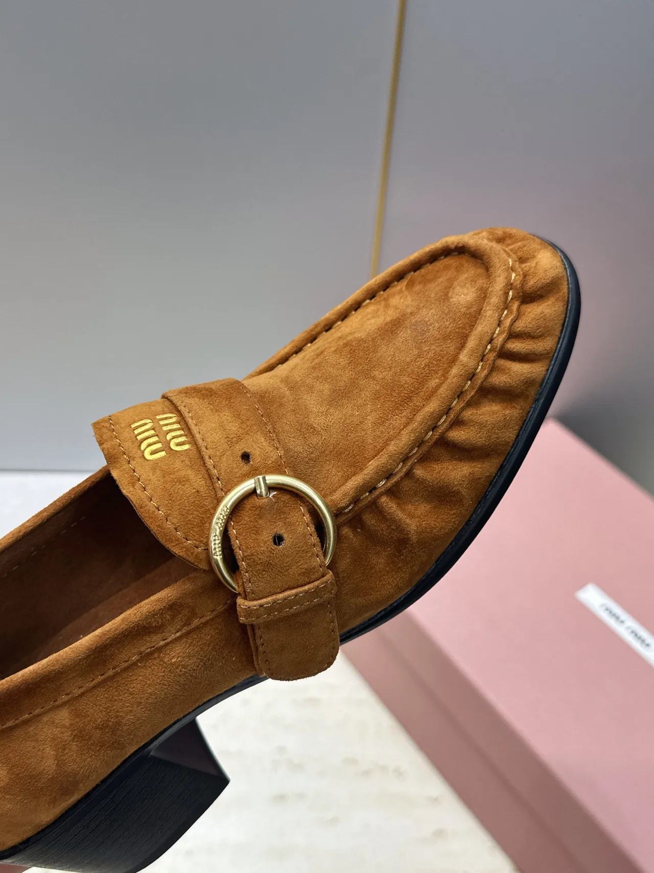 Miu Miu Cowhide Sheepskin Buckle Suede Heeled Loafers in Tan · view 8