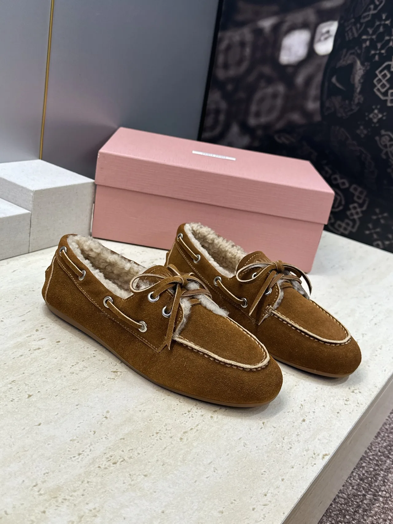 Miu Miu Calfskin Suede-Look Lined Moccasins in Brown · view 1