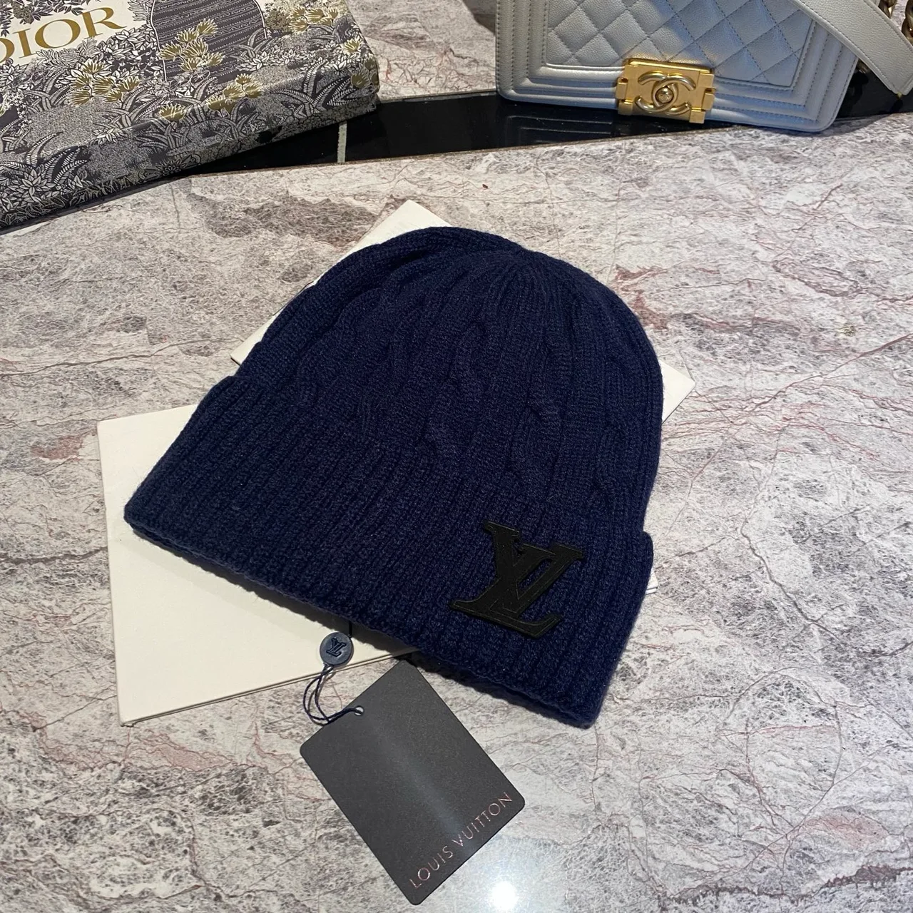 Louis Vuitton Cable-Knit Beanie in Black & White & Grey & Tan & Blue & Burgundy & Pink · view 7