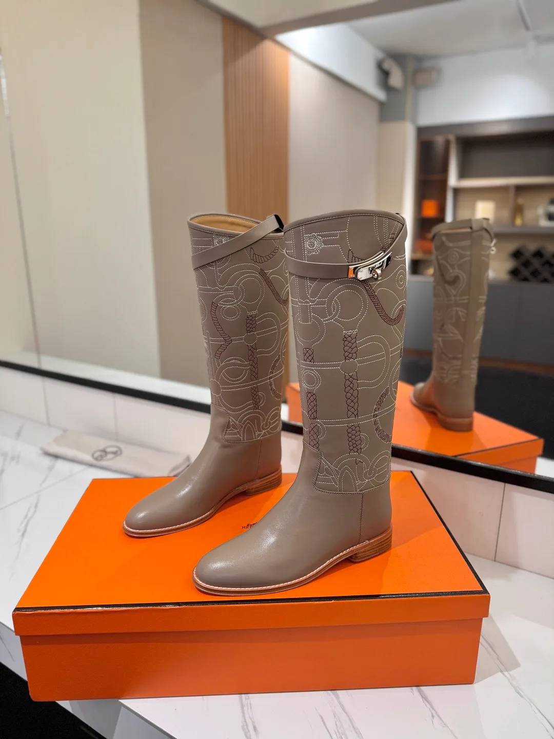 Hermes Cowhide Boots in Grey · view 2