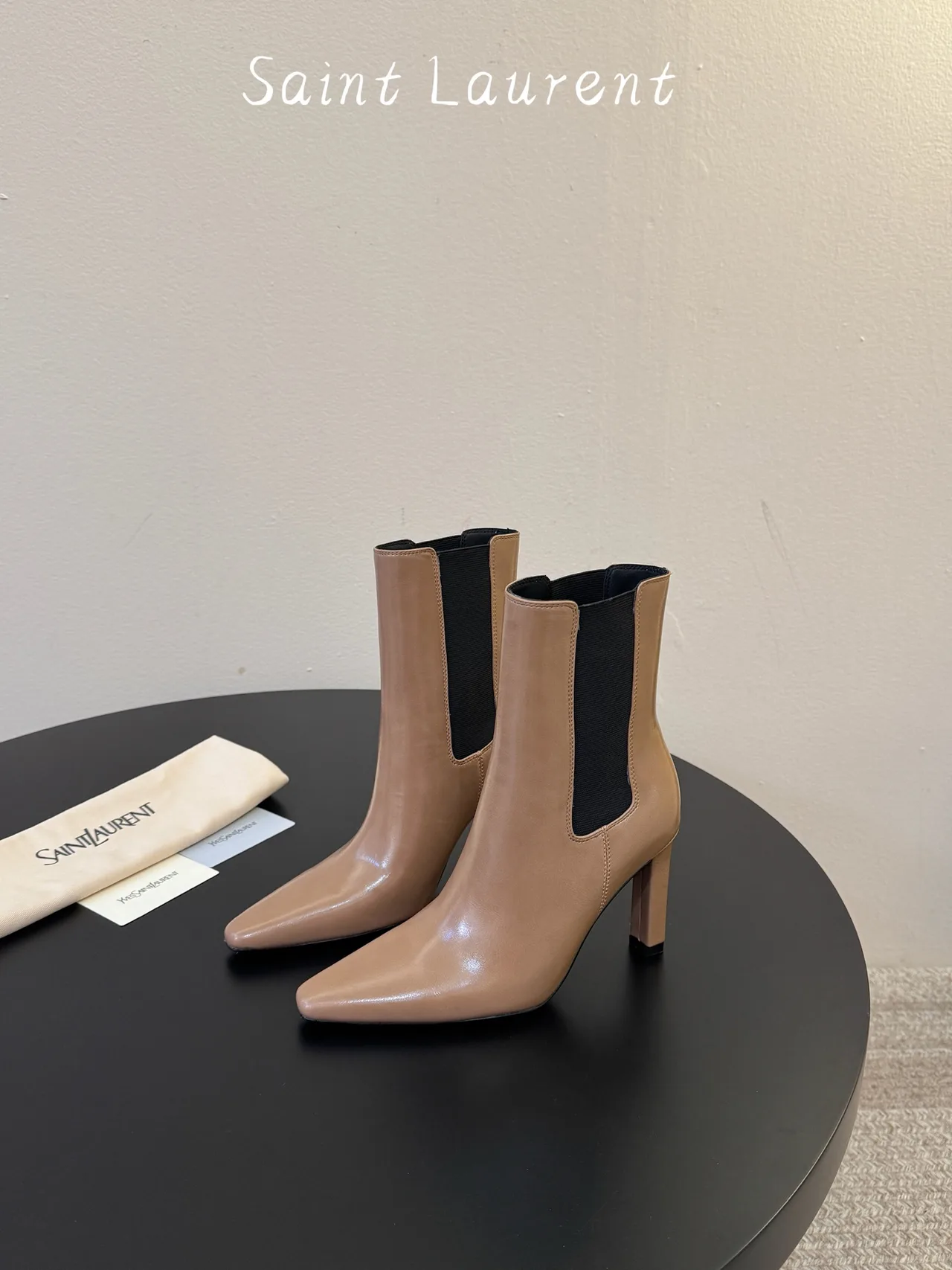 Saint Laurent Cowhide Sheepskin Glossy Pointed-Toe Chelsea Heel Boots in Beige · view 5