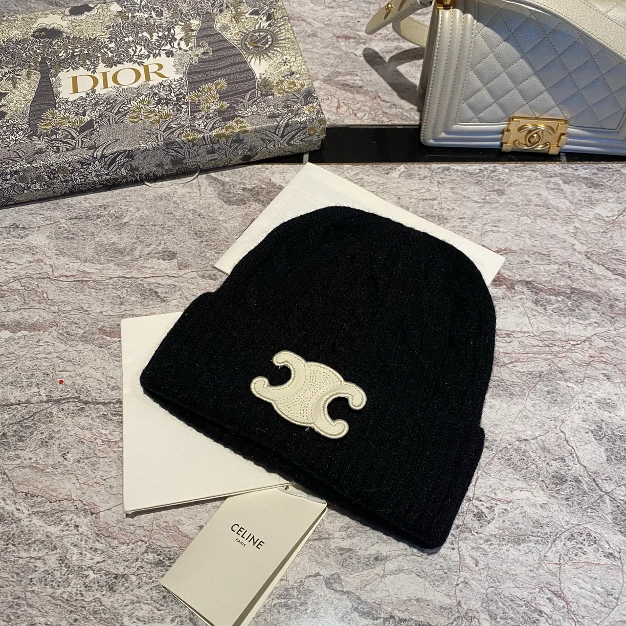 Celine Cable-Knit Triomphe Beanie in Pink & Black & White & Grey & Tan & Blue & Burgundy · view 2