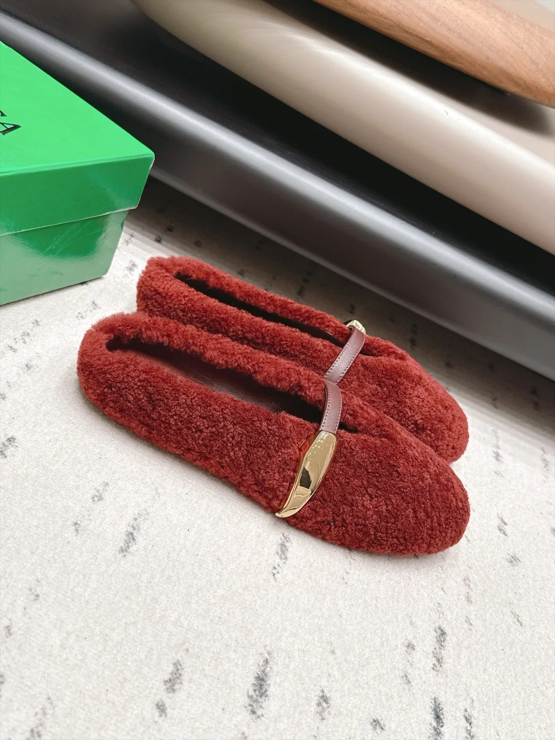 Bottega Veneta Sheepskin Buckle Fur Mary Jane Mules in Red · view 2