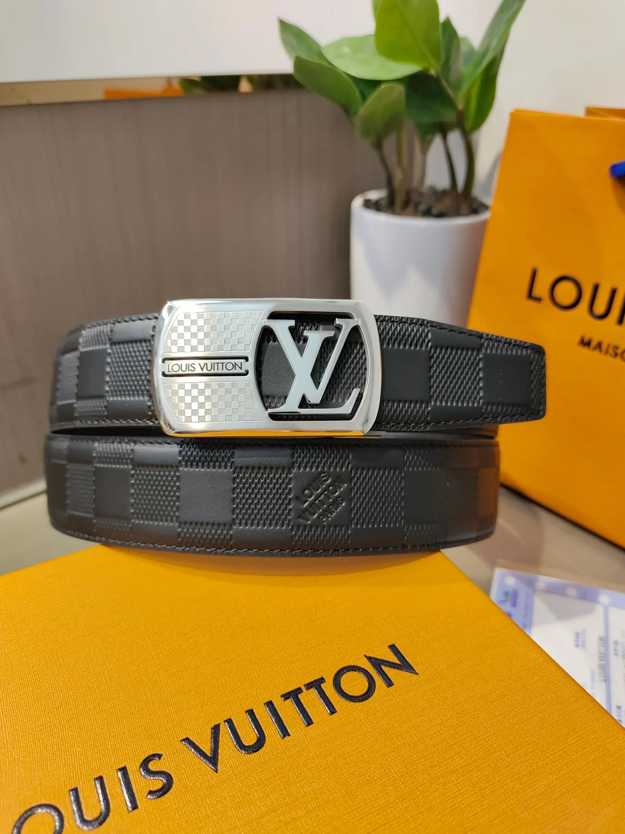 Louis Vuitton Calfskin Check Belt in Black · view 1