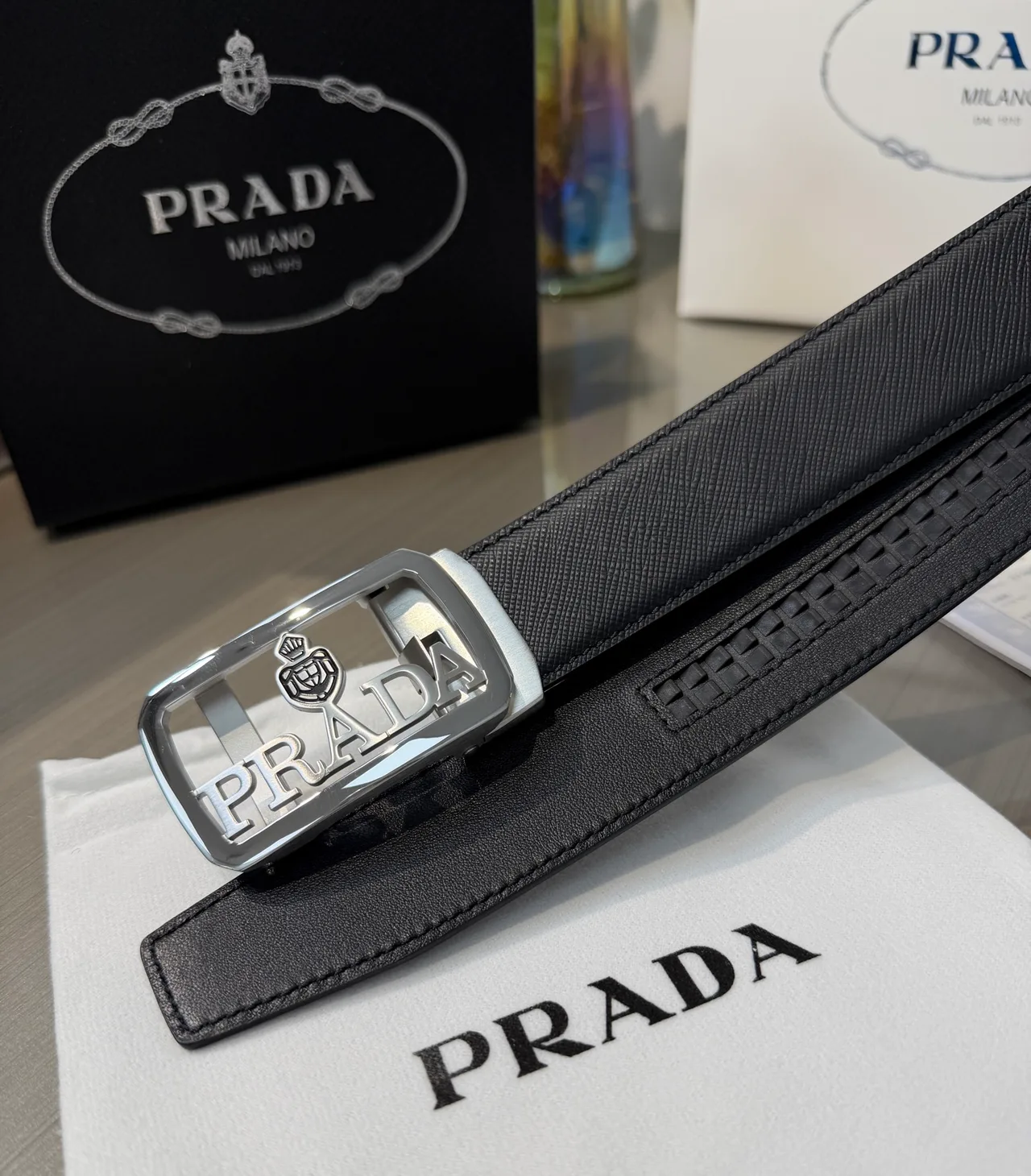 Prada Calfskin Glossy Belt in Black · view 6