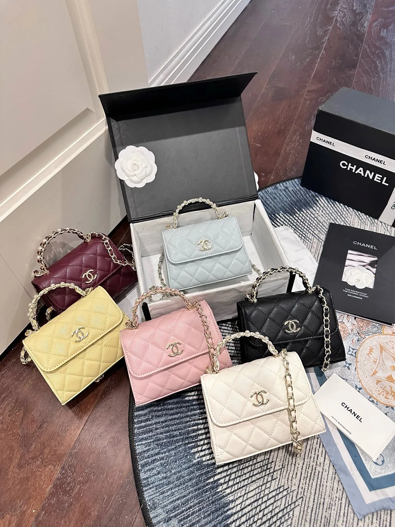 Chanel Pearl-Handle Mini Bag in Yellow / Burgundy / Blue / Black / Pink / White · view 1