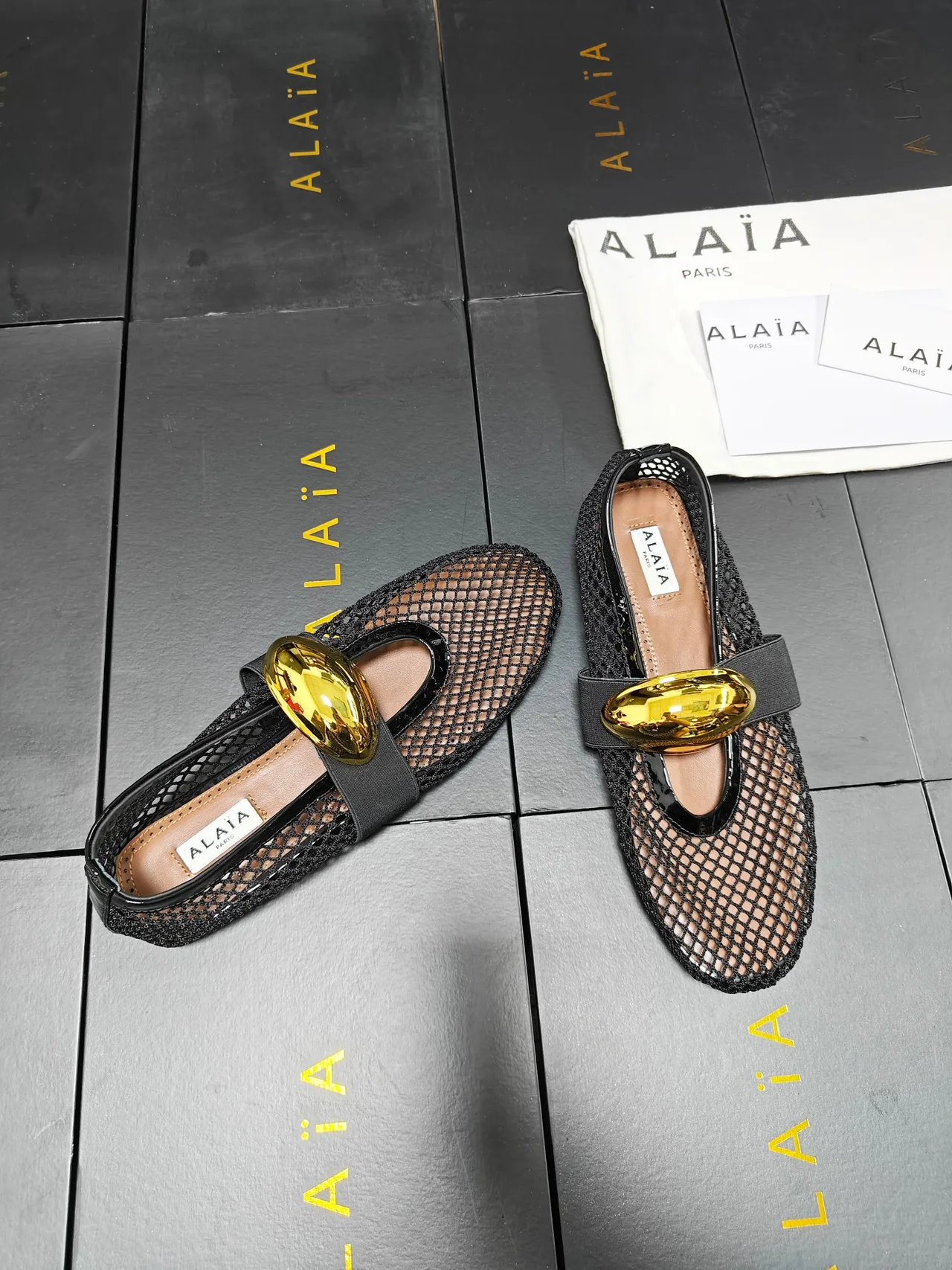 Alaia Cowhide Sheepskin Pointed-Toe Mesh Ballet Flats in Black · view 6