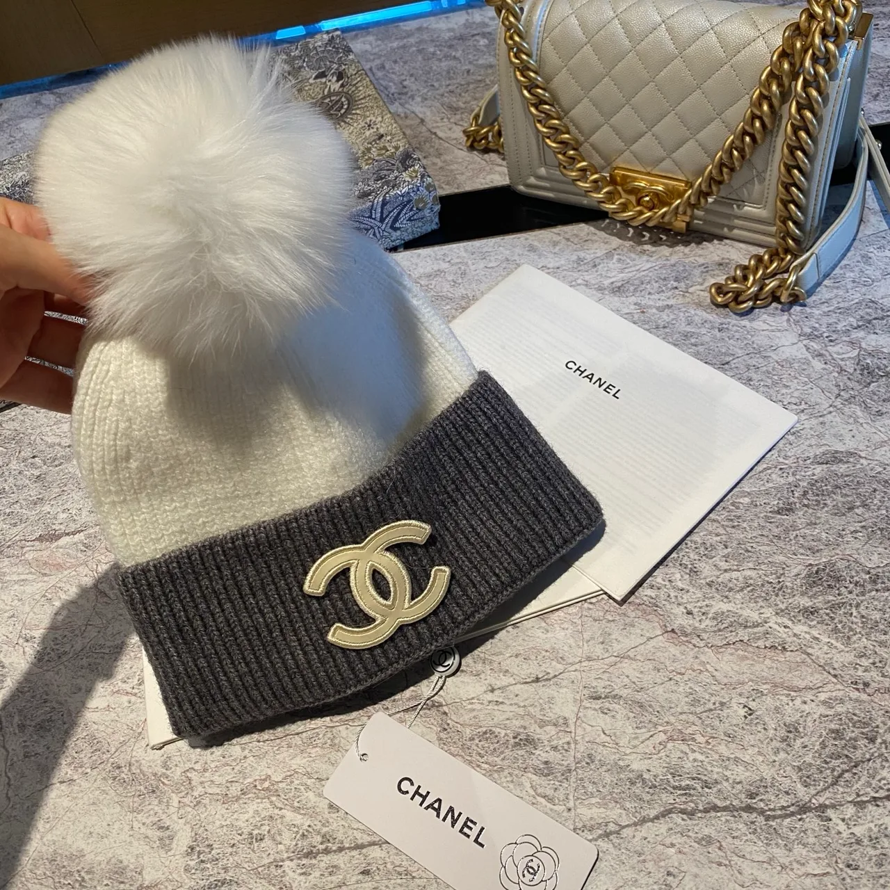 Chanel Pom-Pom Beanie in White & Black & Tan · view 3