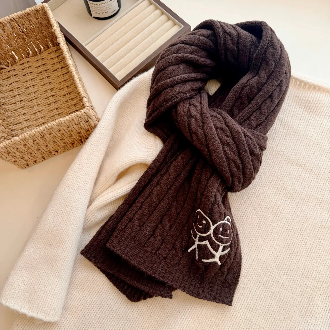 Embroidered Stick-Figure Ribbed Scarf in Brown · view 1