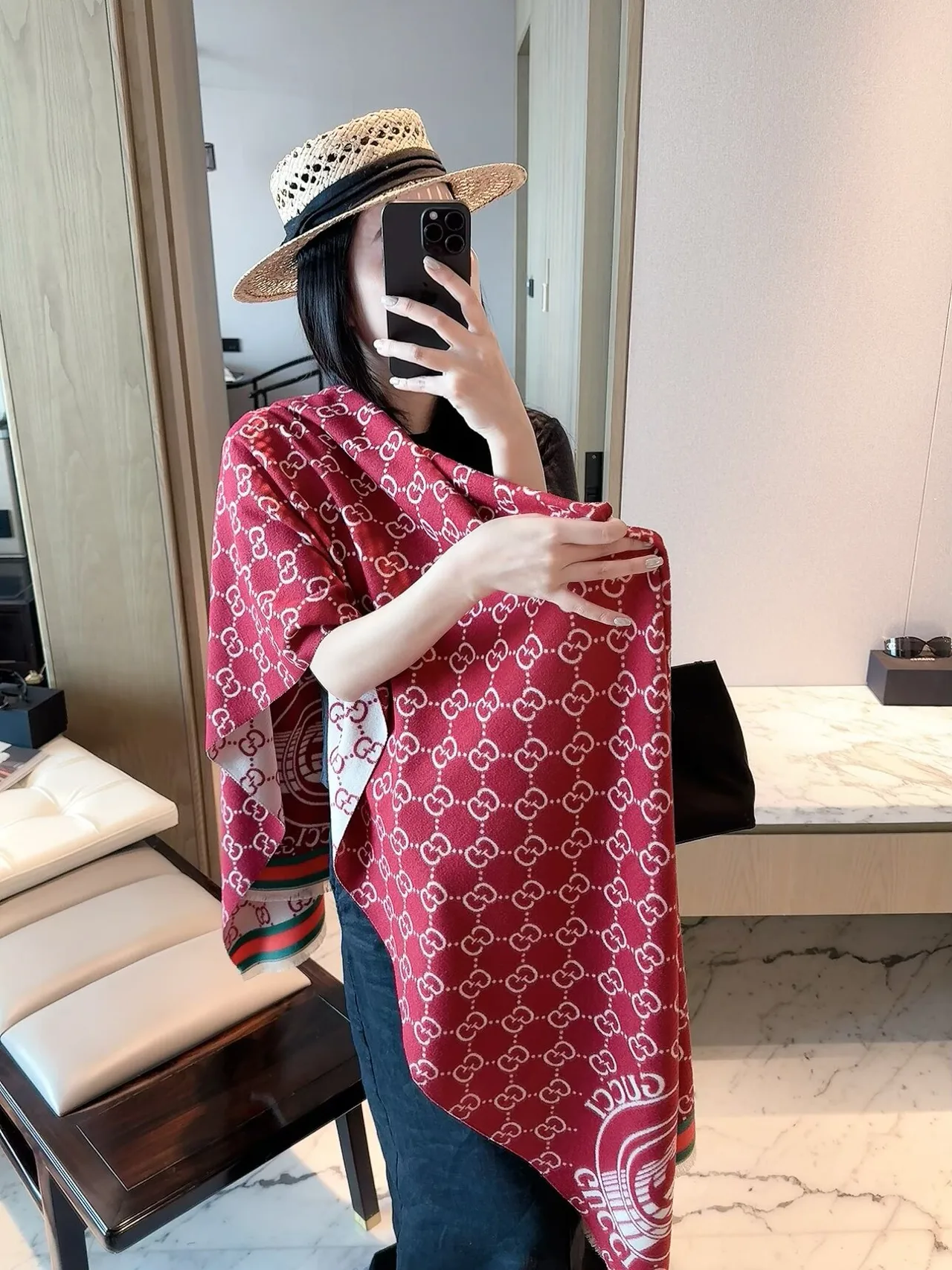Gucci GG Web Shawl in Blue & Burgundy & Beige · view 6