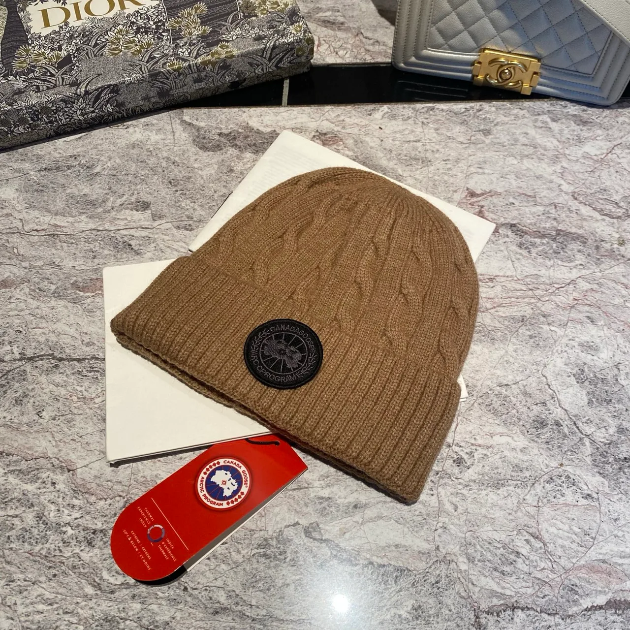 Canada Goose Cable-knit logo beanie in Black & Grey & White & Tan & Cream & Blue & Pink & Burgundy · view 4