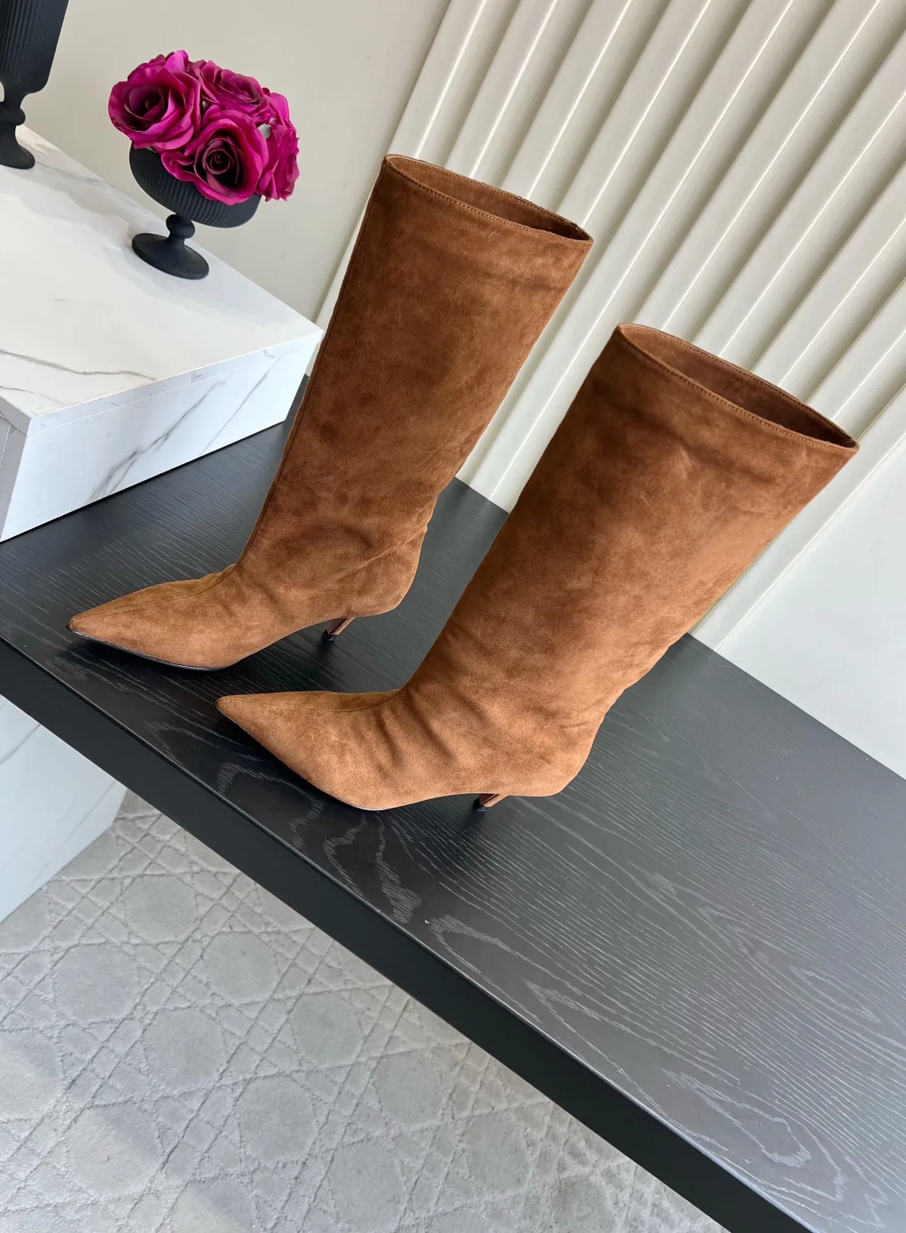 Amina Muaddi Cowhide Knee-High Boots in Tan · view 2