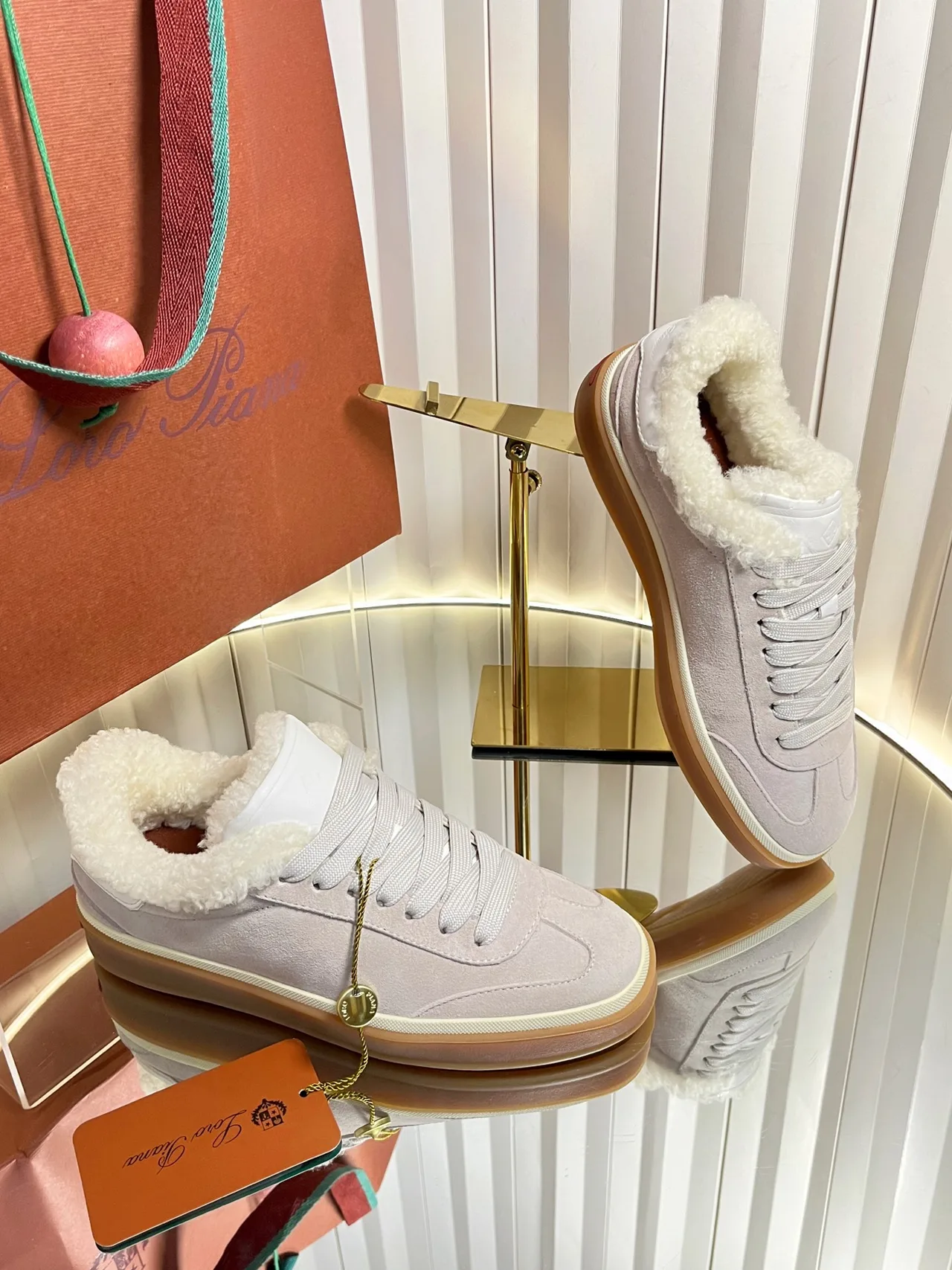 Cashmere Round-Toe Lined Low-Top Sneakers in White · view 4