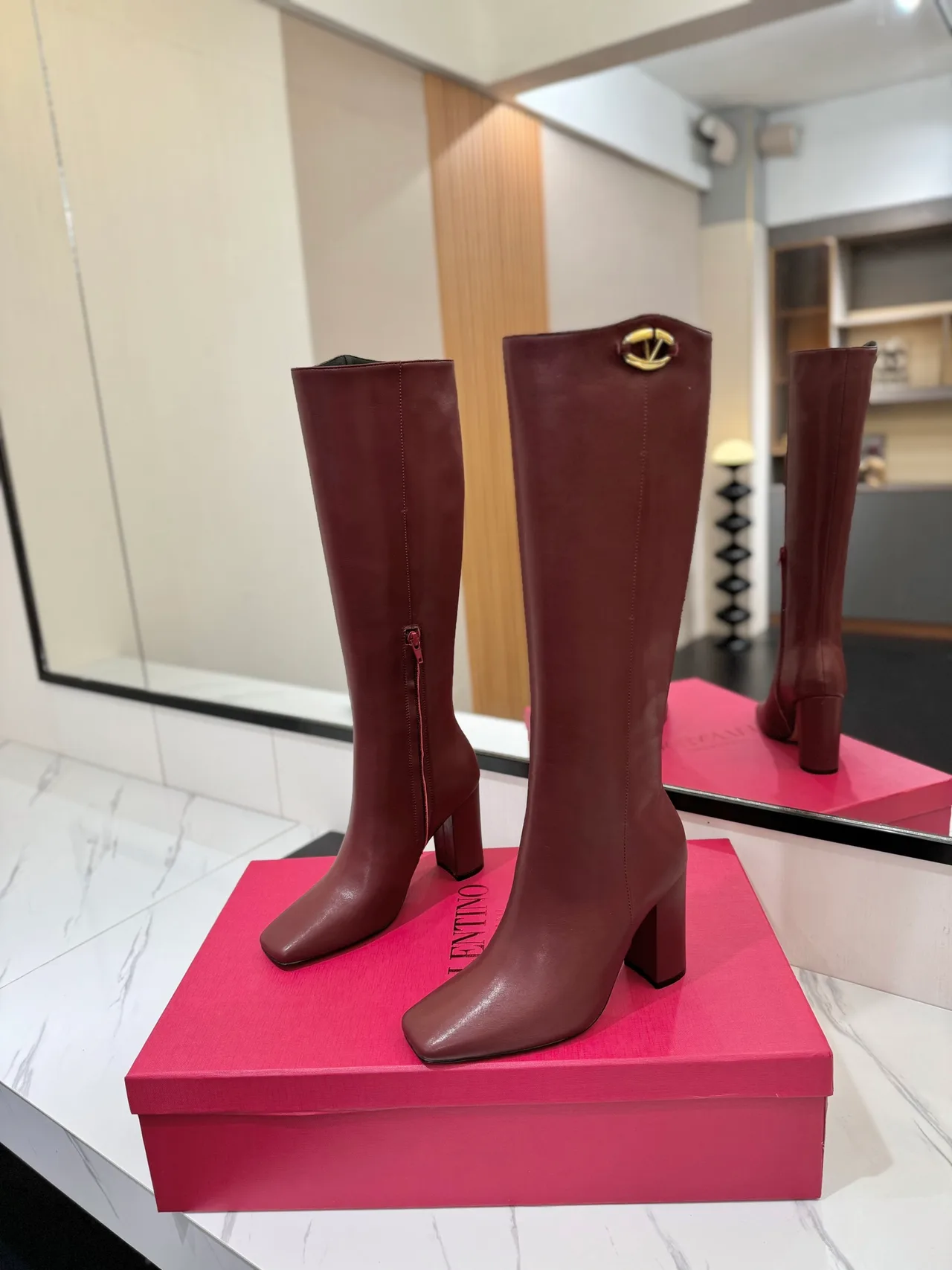 Valentino Cowhide Glossy Square-Toe Knee-High Boots in Burgundy · view 2
