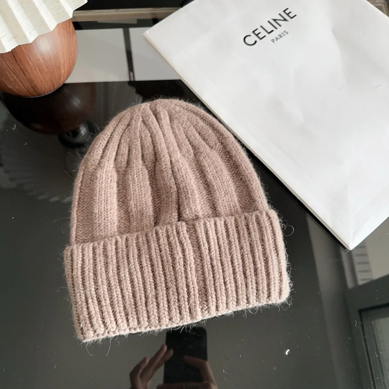 Celine Ribbed Glossy Beanie in Brown · view 6