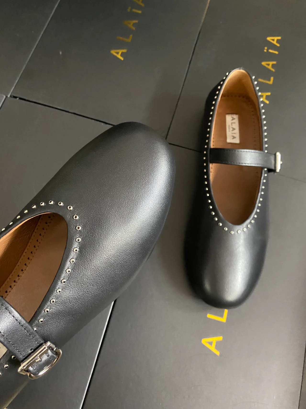 Alaia Cowhide Sheepskin Smooth Round-Toe Mary Jane Flats in Black · view 6