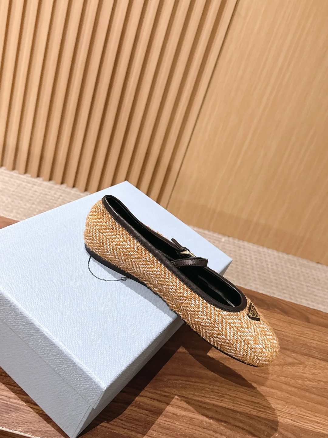 Prada Woven Round-Toe Mary Jane Flats in Beige · view 5