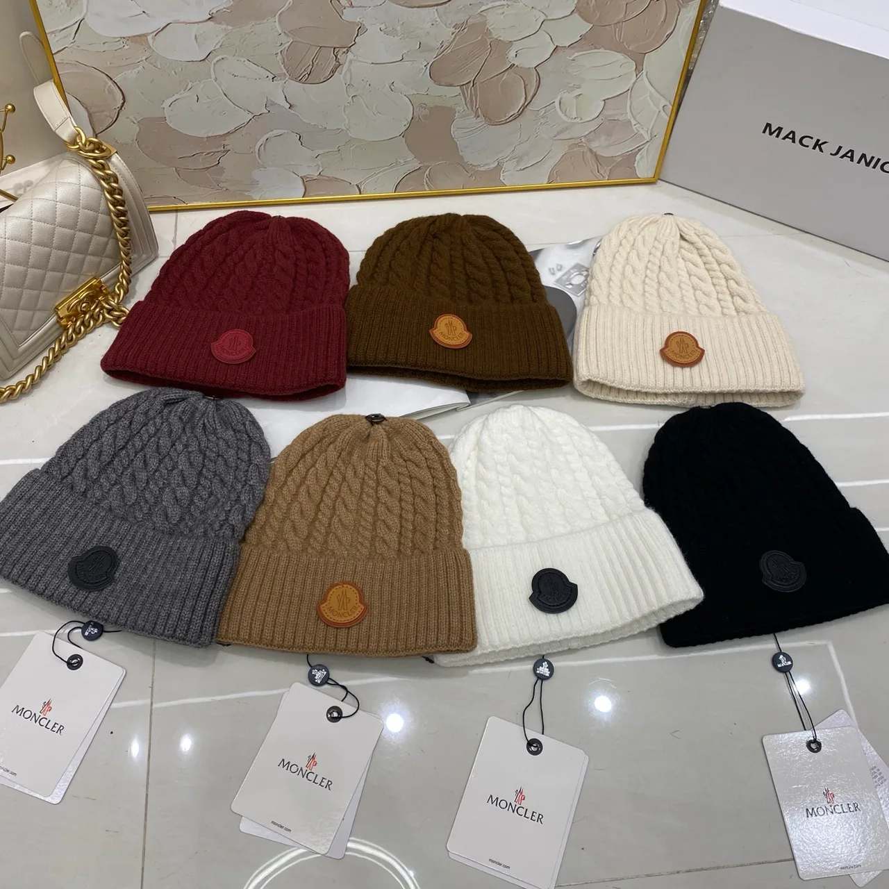 Moncler Cable Beanie in Black & White & Brown & Beige & Grey & Burgundy · view 8