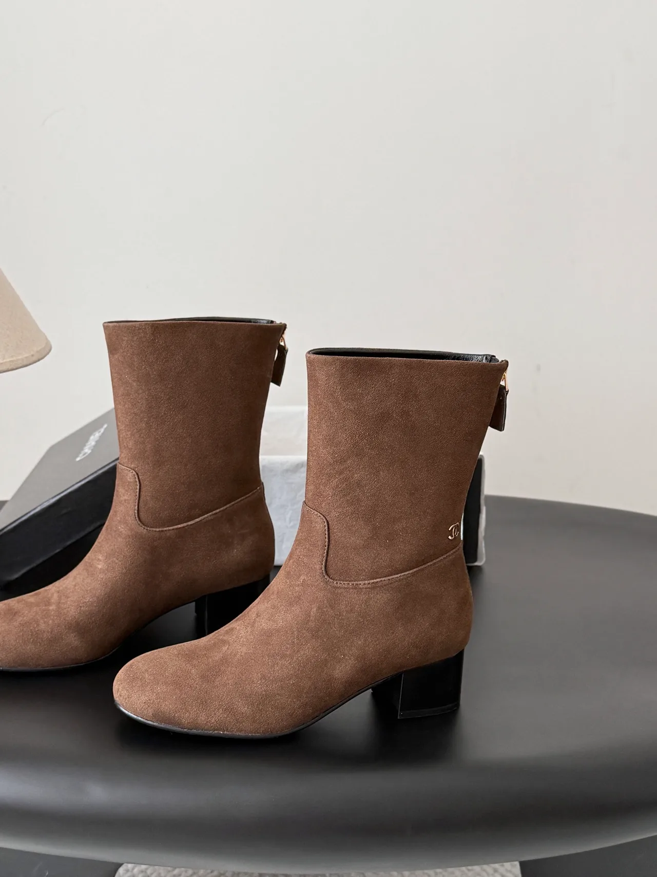 Chanel Sheepskin Glossy Suede-Look Round-Toe Ankle Boots in Brown · view 2