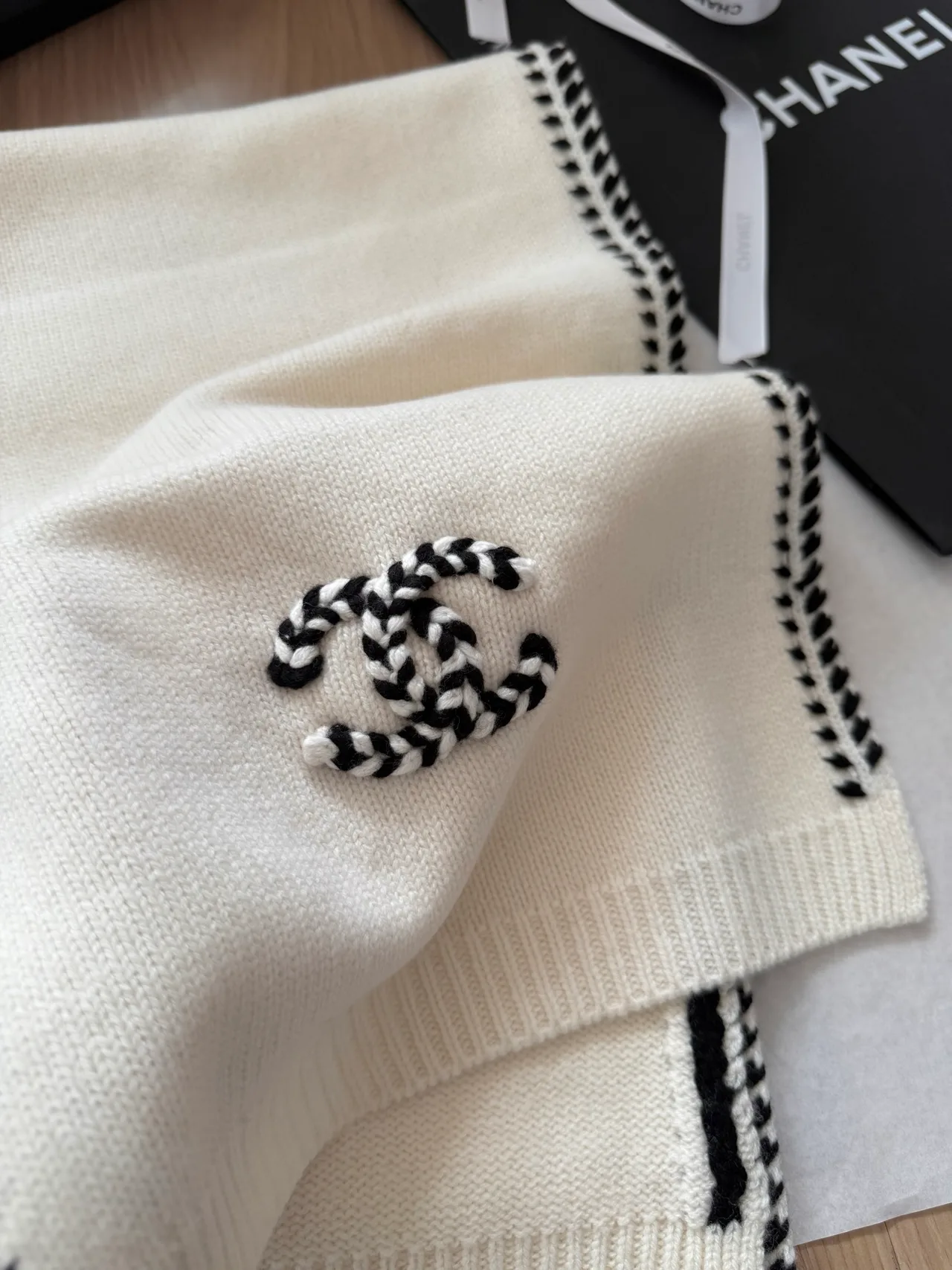 Chanel Cashmere Striped Embroidered Scarf in Cream · view 5