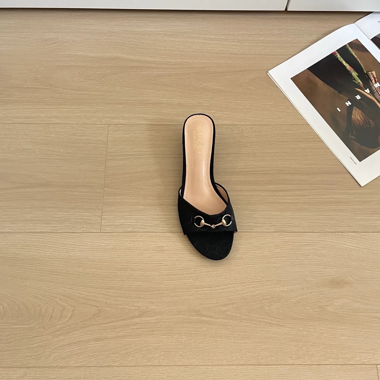 Gucci Canvas Glossy Suede-Look Square-Toe Buckle Mules in Black · view 7