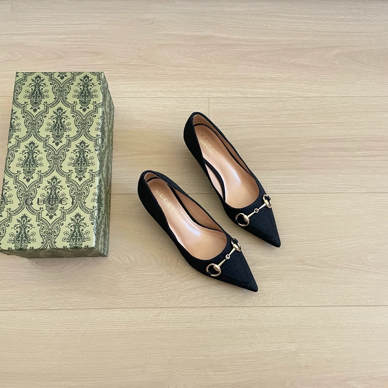 Gucci Canvas Pointed-Toe Buckle Horsebit Kitten Heel Pumps in Black · view 4