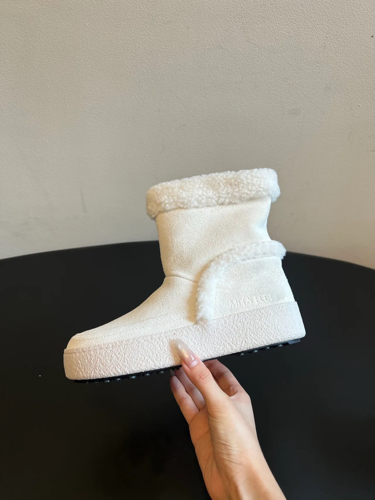 Moon Boot Suede Round-Toe Fleece Snow Boots in White · view 4