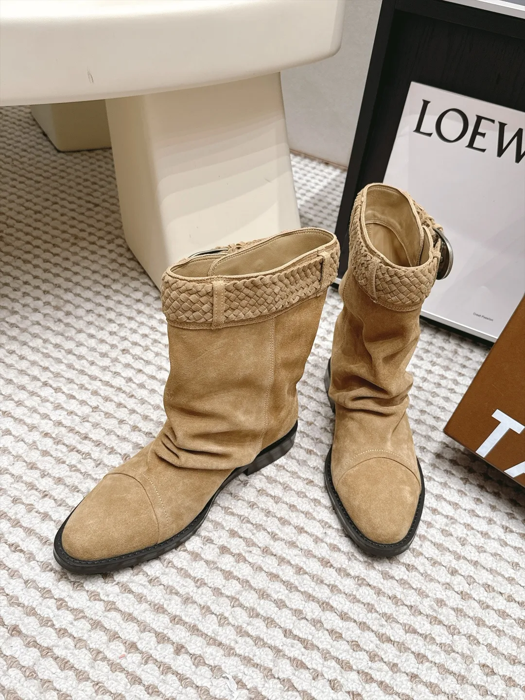 Loewe Woven Suede-Look Round-Toe Boots in Tan · view 4