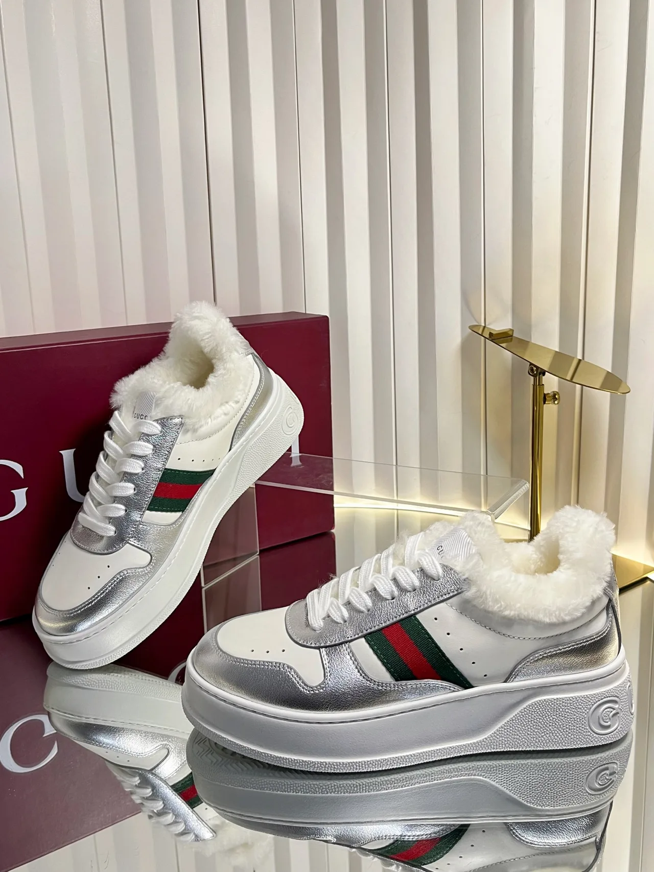 Gucci Wool Striped Lined Sneakers in White · view 5