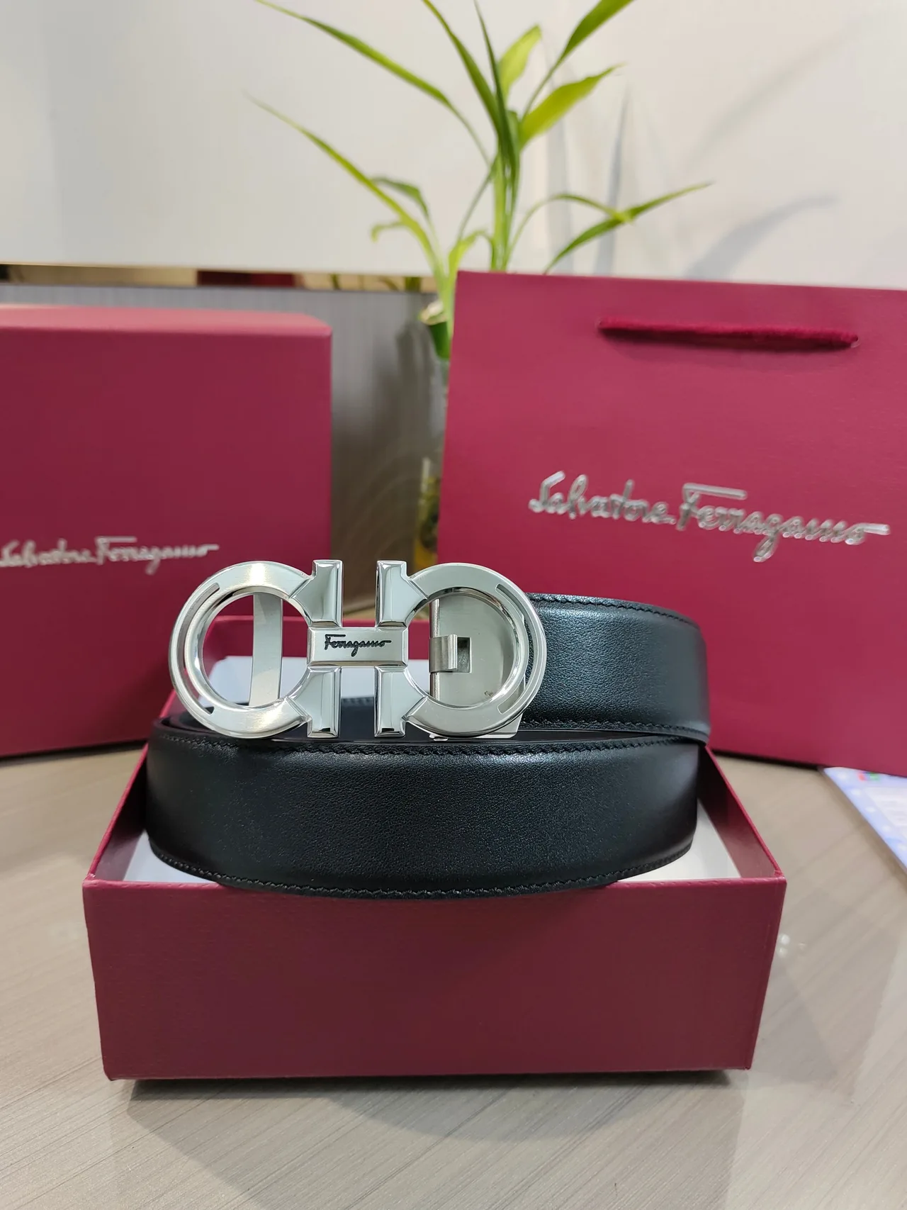 Ferragamo Calfskin Glossy Belt in Black · view 2