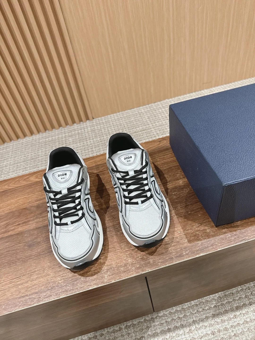 Dior Striped Round-Toe Sneakers in Silver · view 2