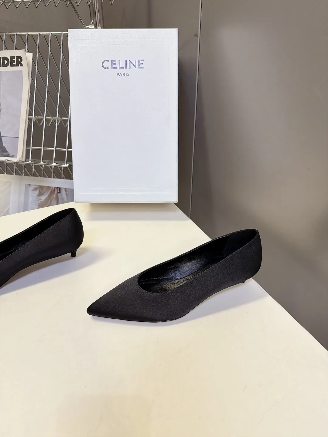 Celine Lambskin Matte Pointed-Toe Kitten Heel Pumps in Black · view 3