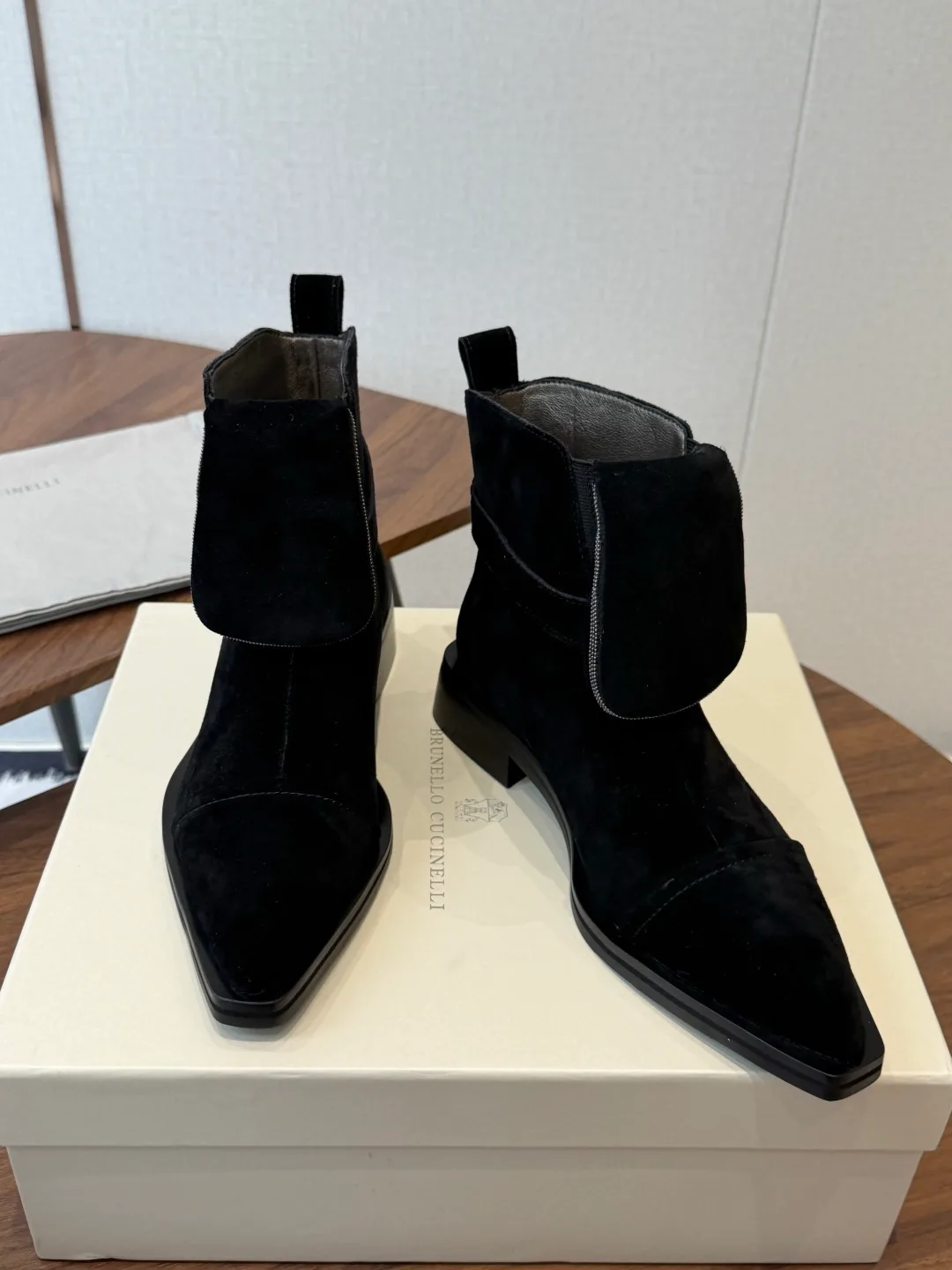 Brunello Cucinelli Pointed-Toe Suede Ankle Boots in Black · view 4