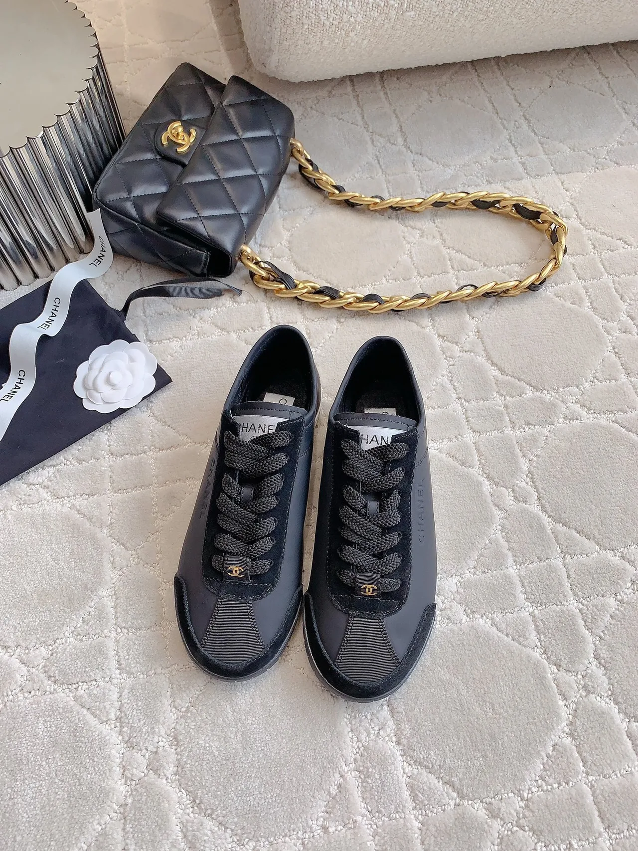 Chanel Cowhide Smooth Sneakers in Grey · view 3